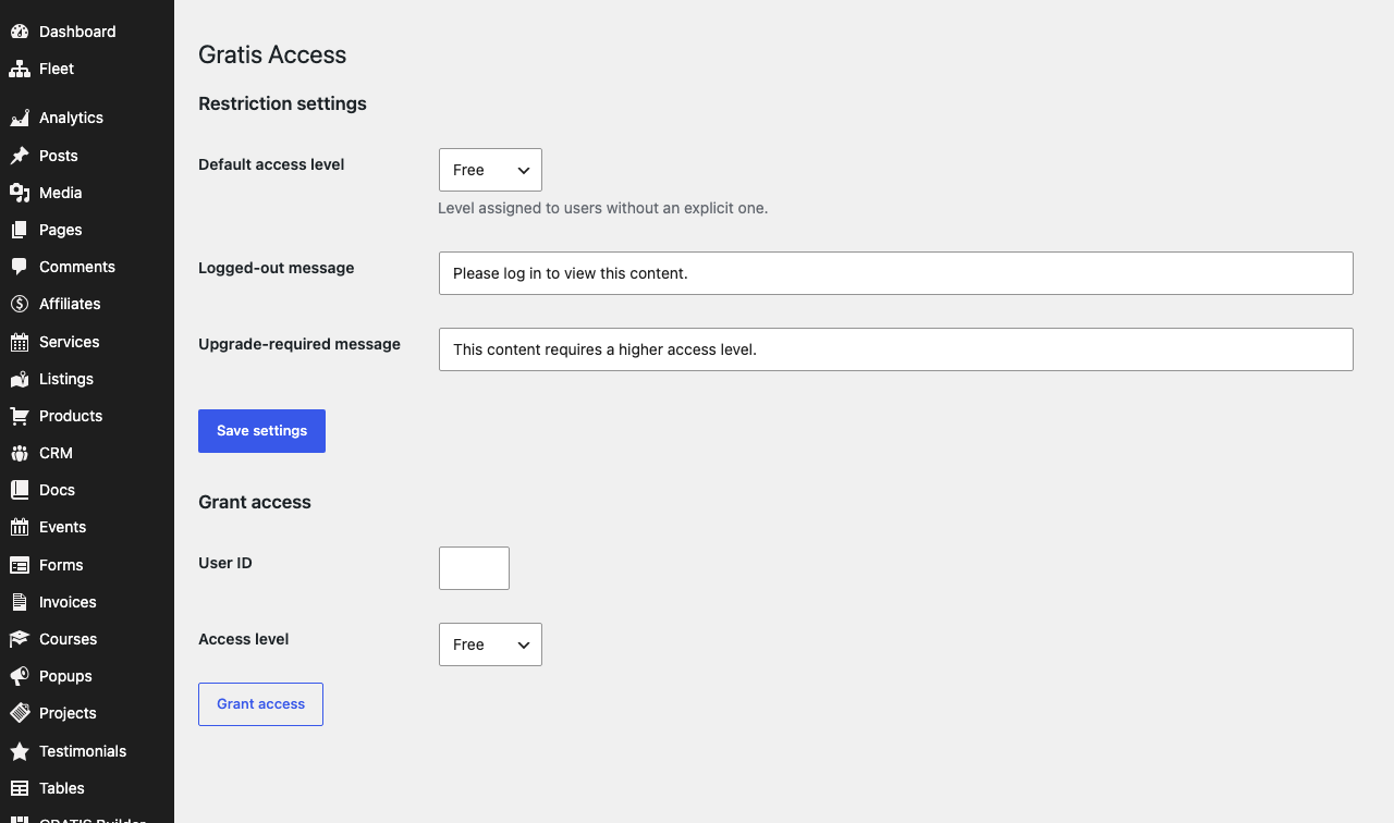 Gratis Access admin screen