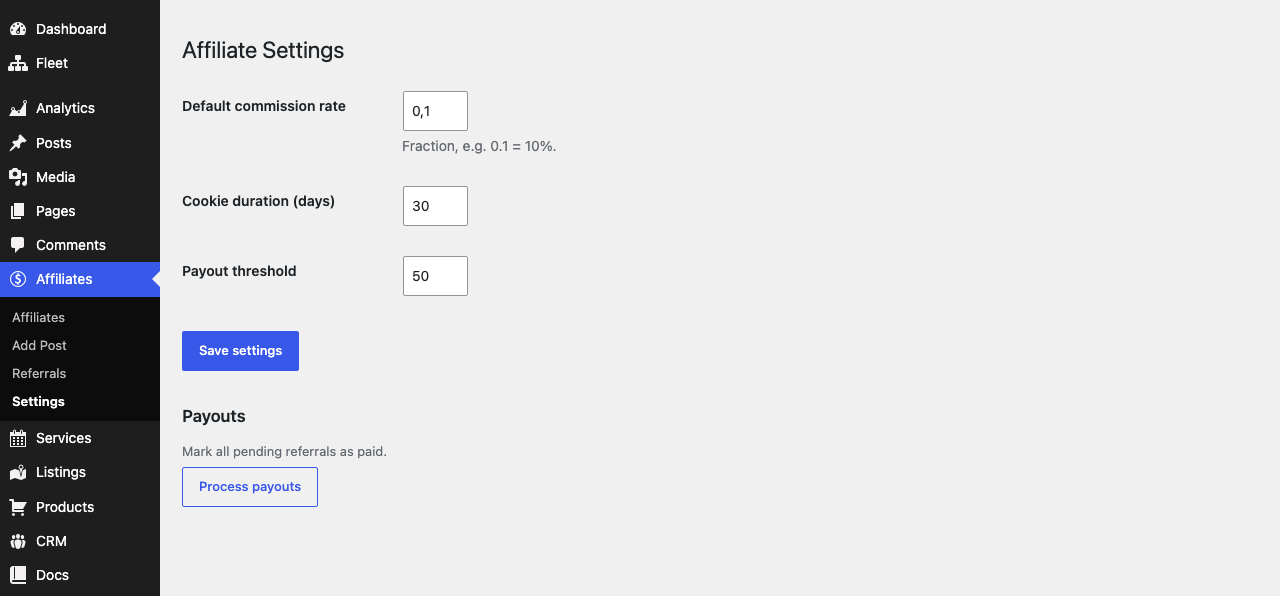 Gratis Affiliate admin screen