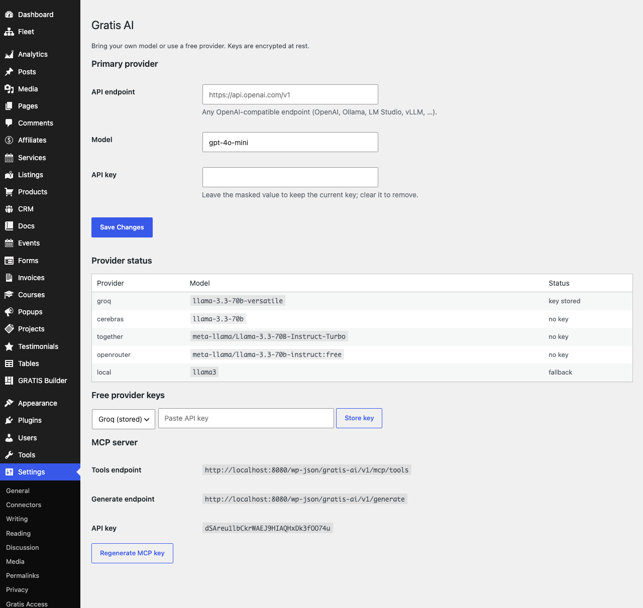 Gratis AI admin screen