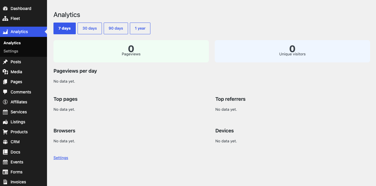 Gratis Analytics admin screen