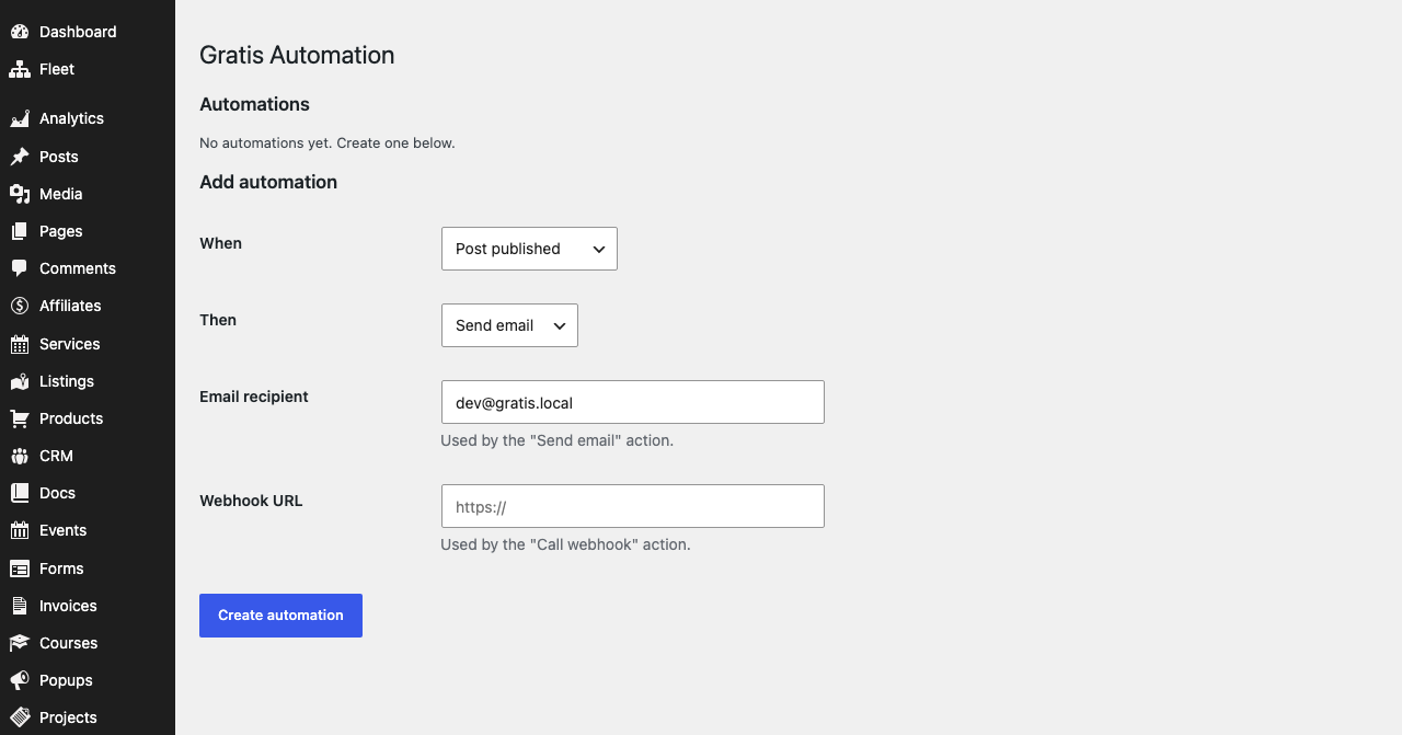 Gratis Automation admin screen