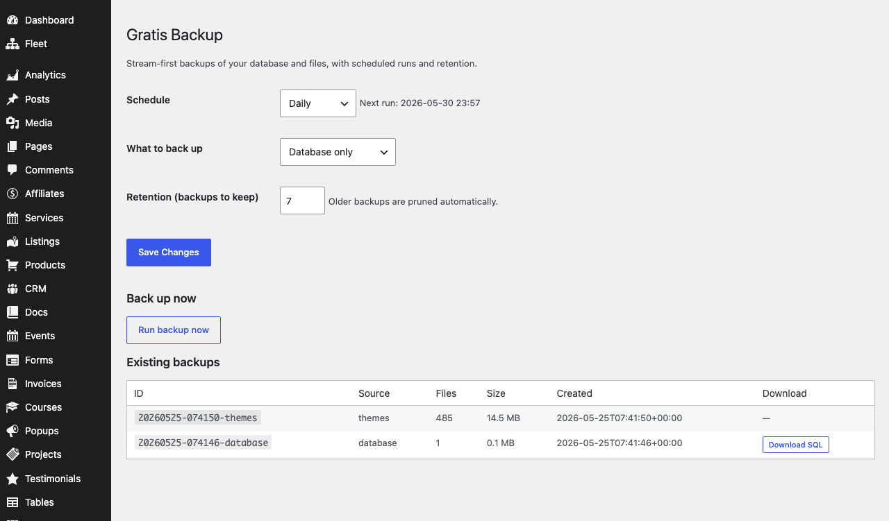 Gratis Backup admin screen