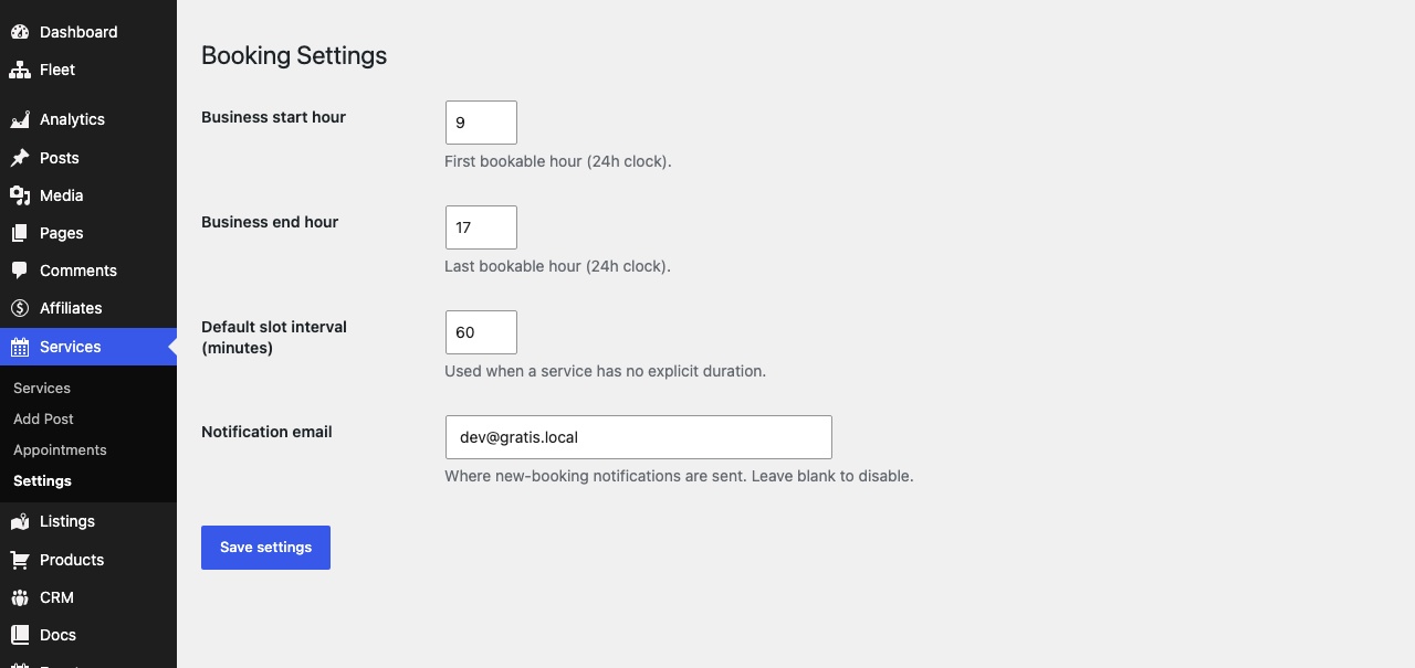 Gratis Booking admin screen