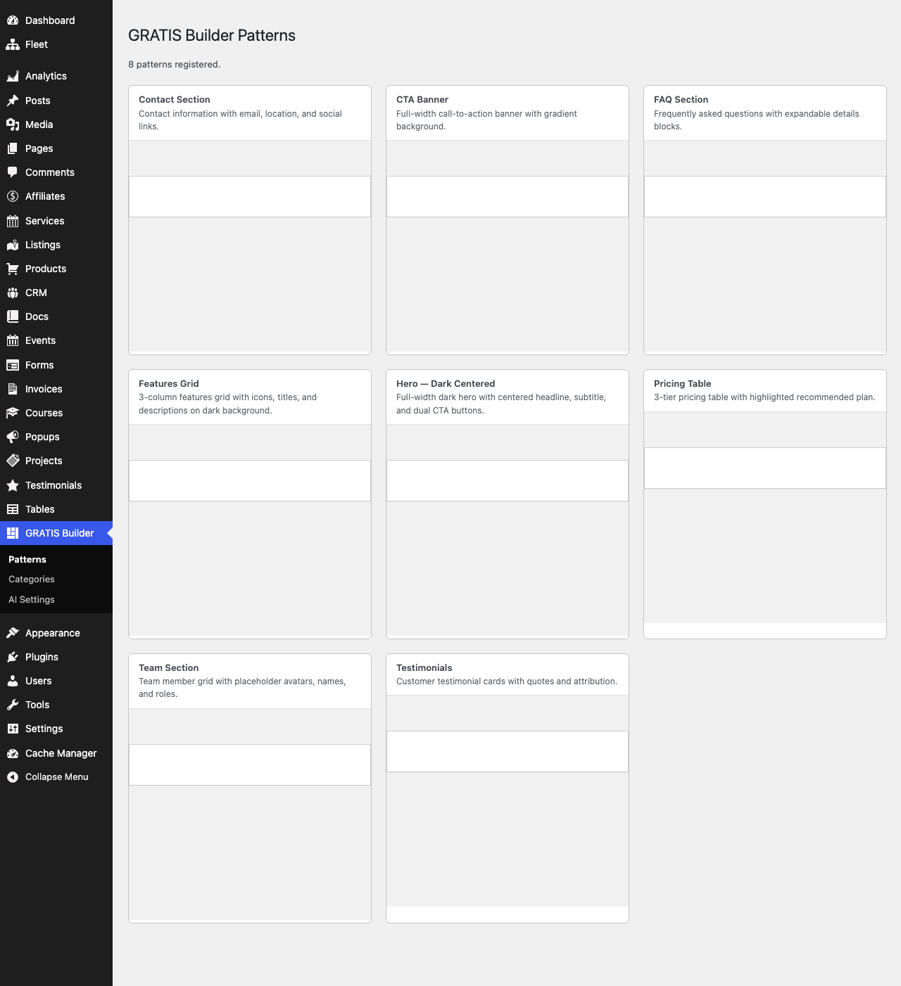 GRATIS Builder admin screen