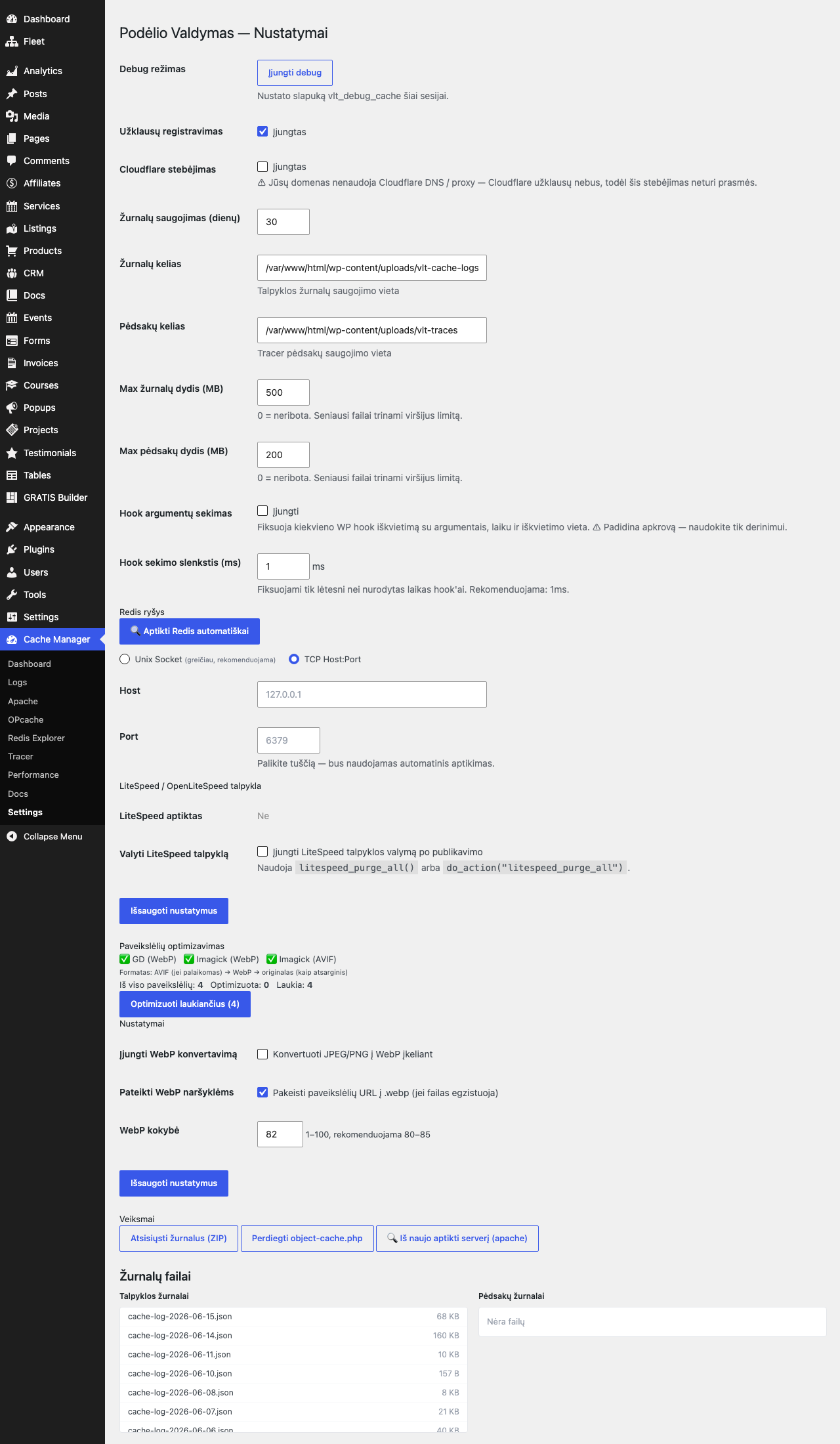 Gratis Cache admin screen