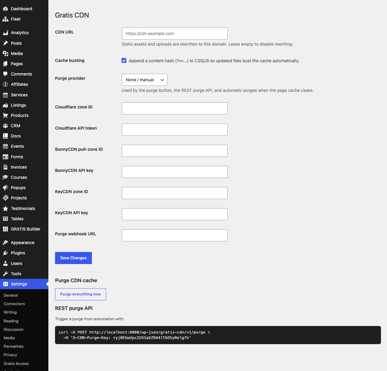 Gratis CDN settings screen