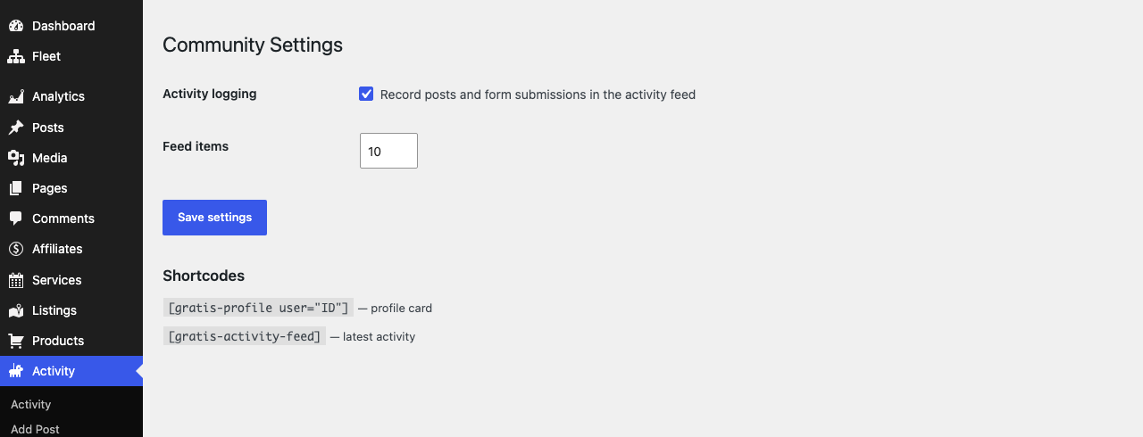 Gratis Community admin screen