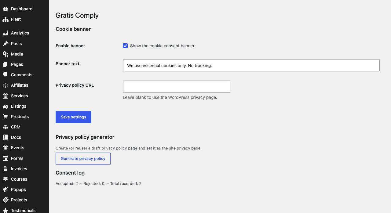 Gratis Comply admin screen