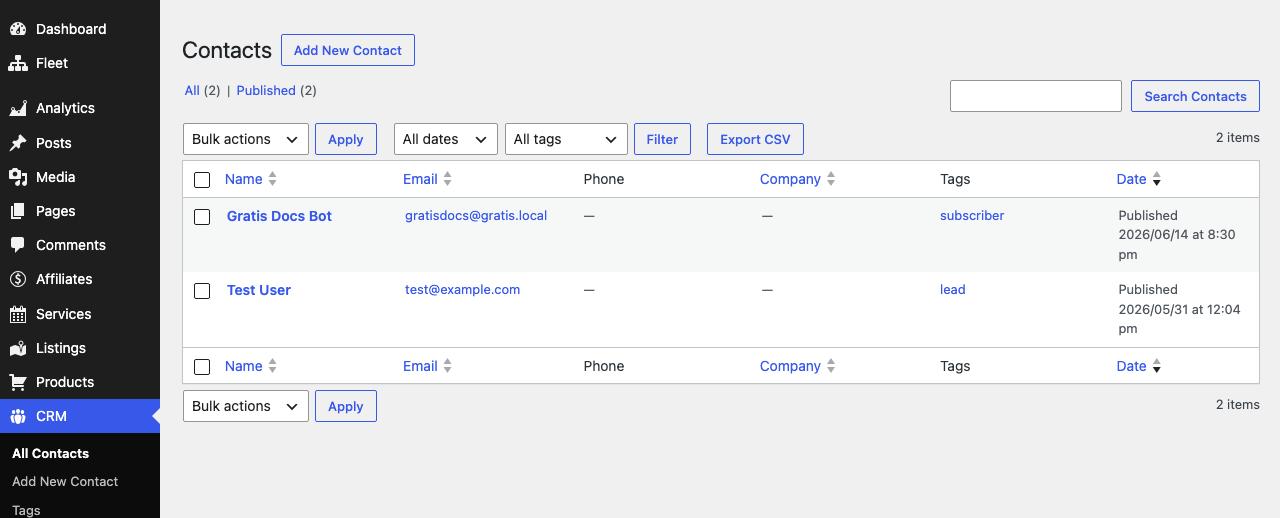 Gratis CRM admin screen