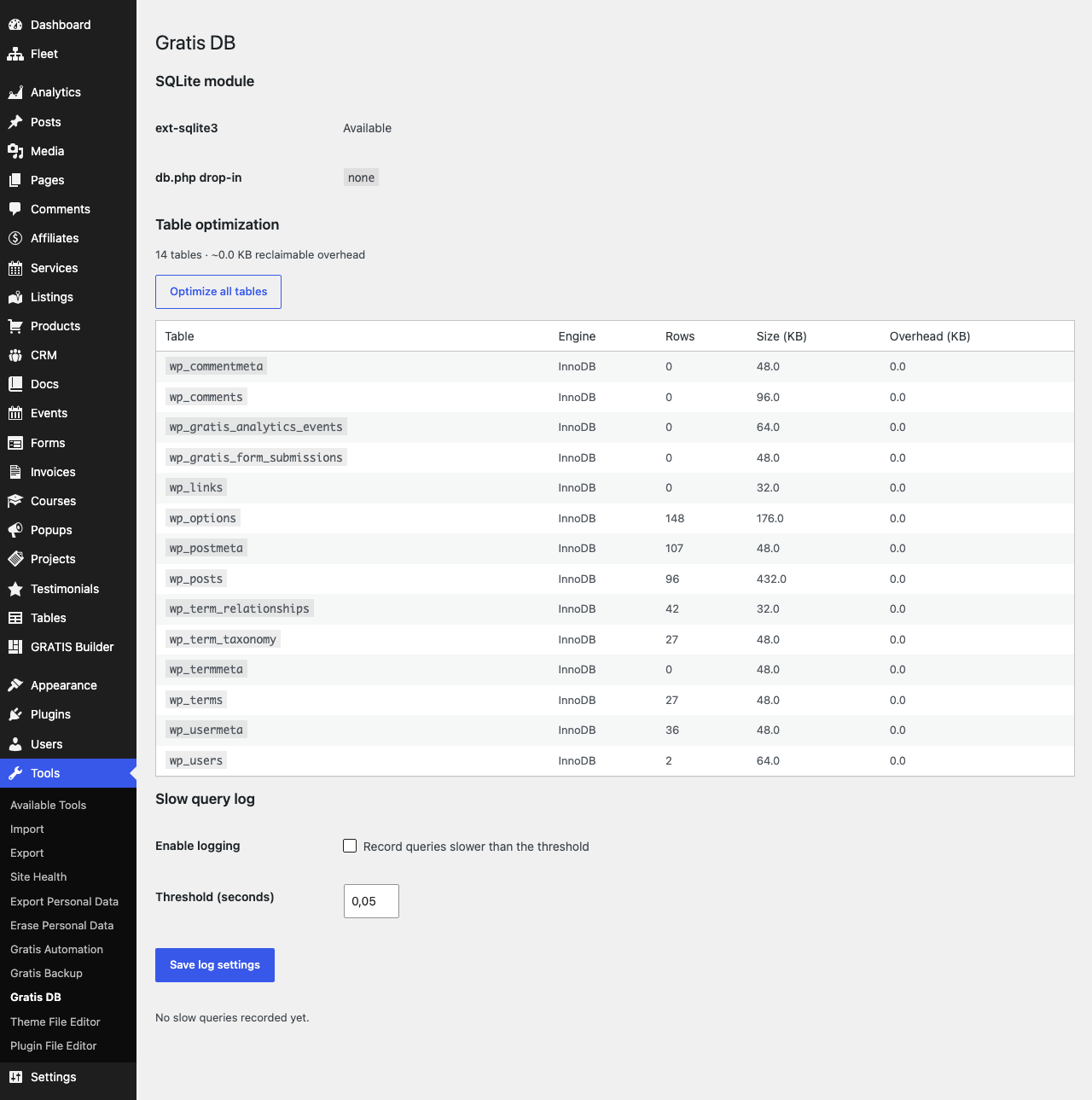 Gratis DB admin screen
