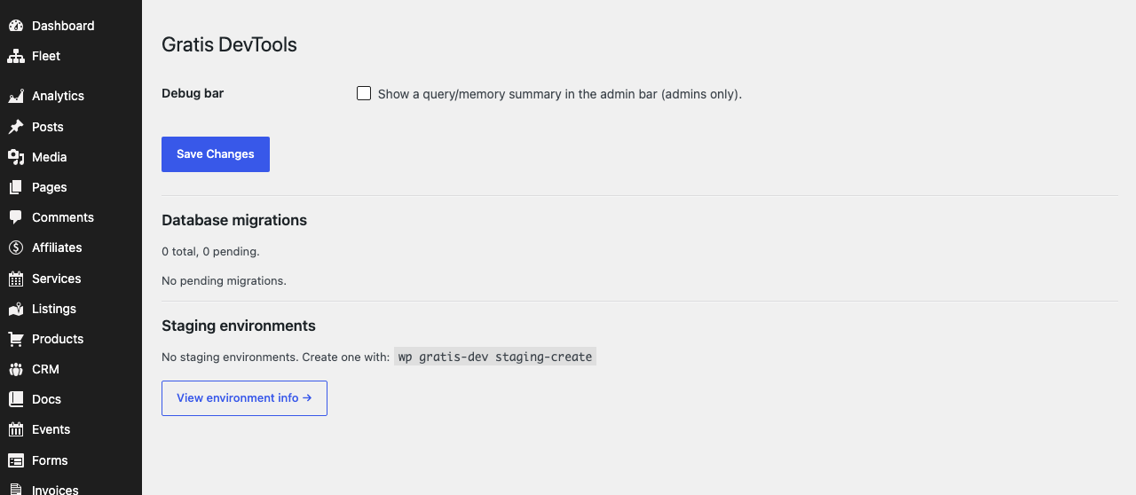 Gratis DevTools admin screen