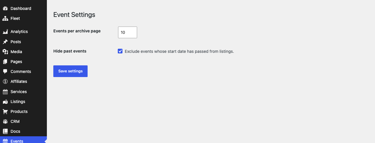 Gratis Events admin screen