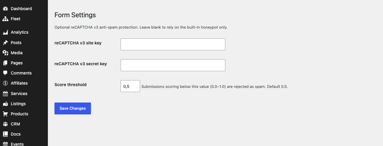 Gratis Forms admin screen