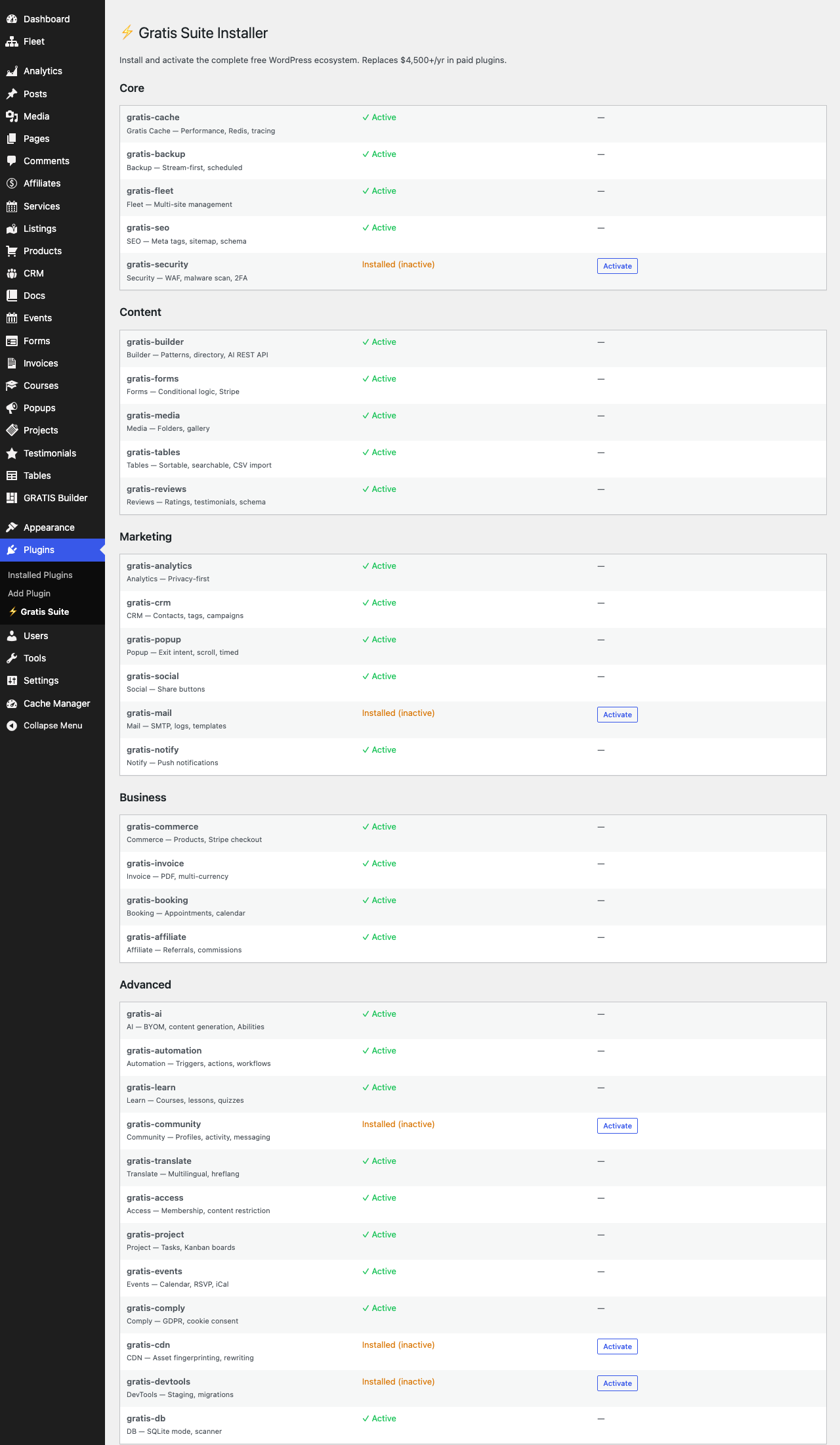 Gratis Installer admin screen