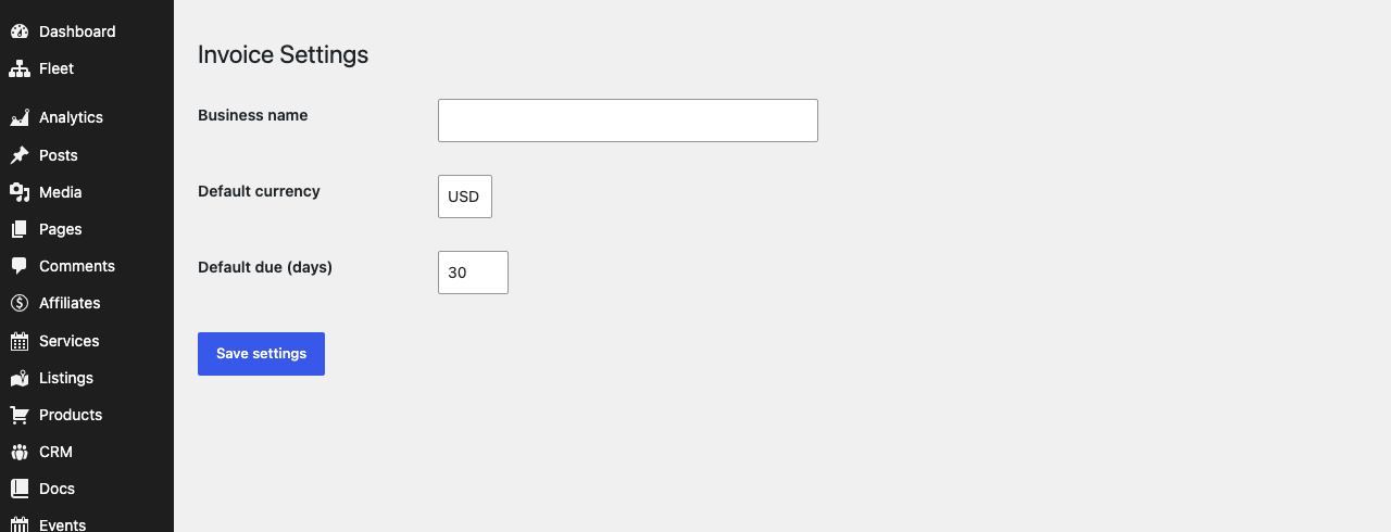 Gratis Invoice admin screen