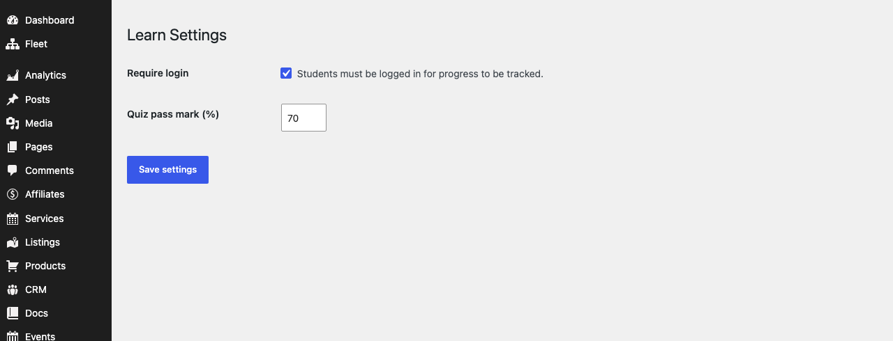 Gratis Learn admin screen