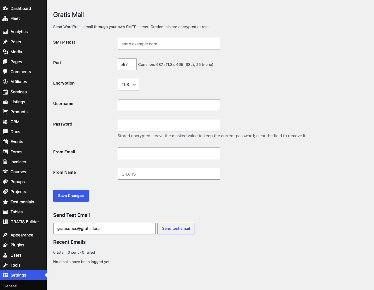 Gratis Mail admin screen