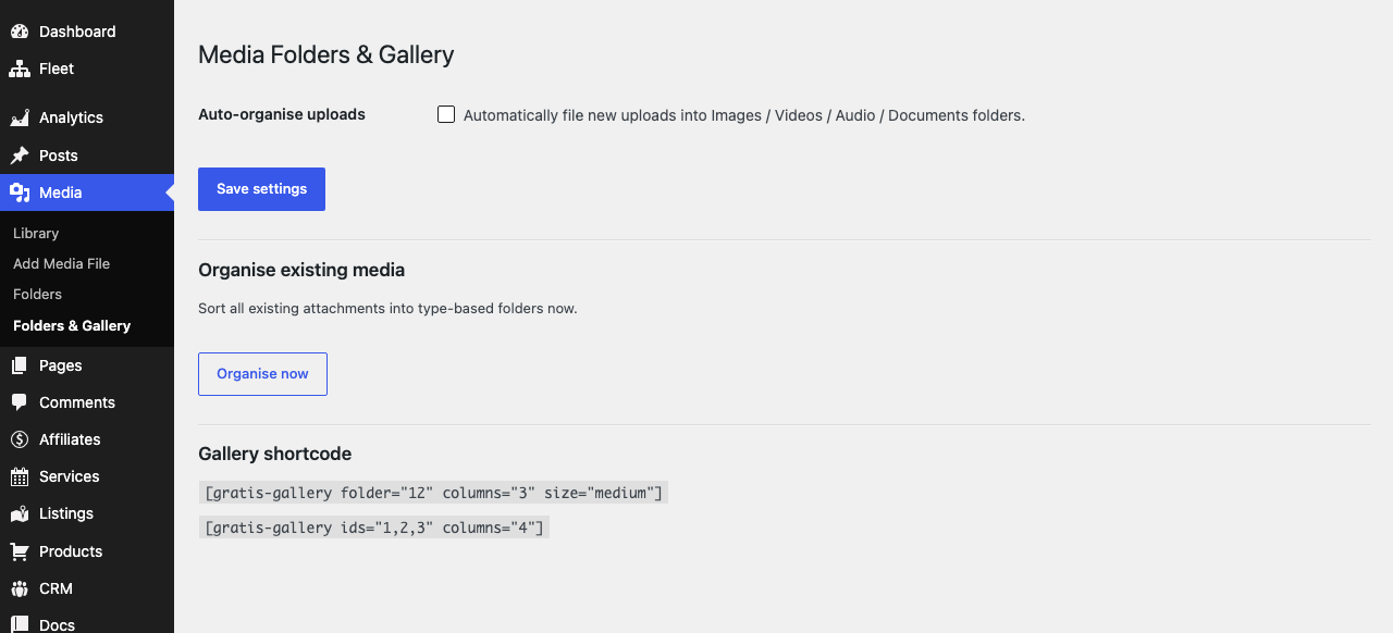 Gratis Media admin screen