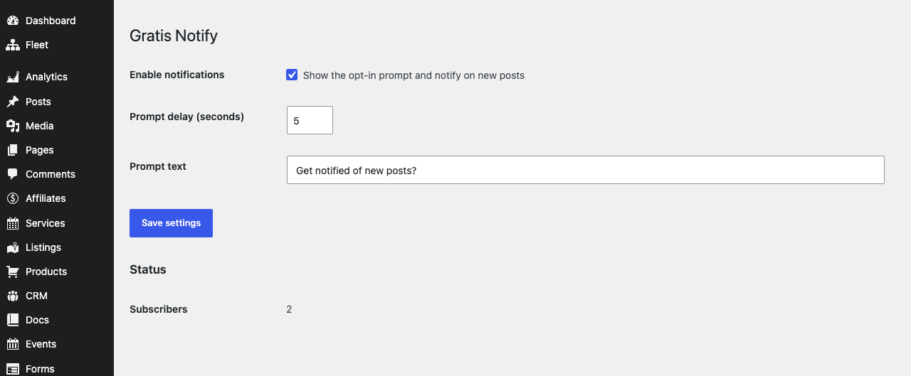 Gratis Notify admin screen