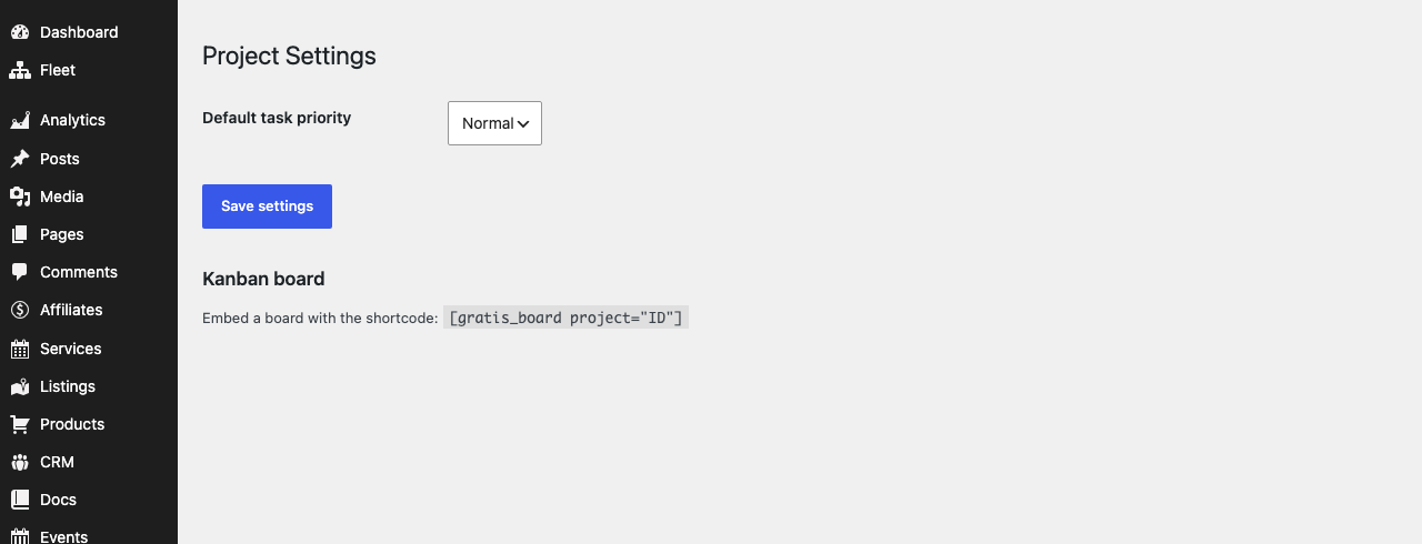 Gratis Project admin screen