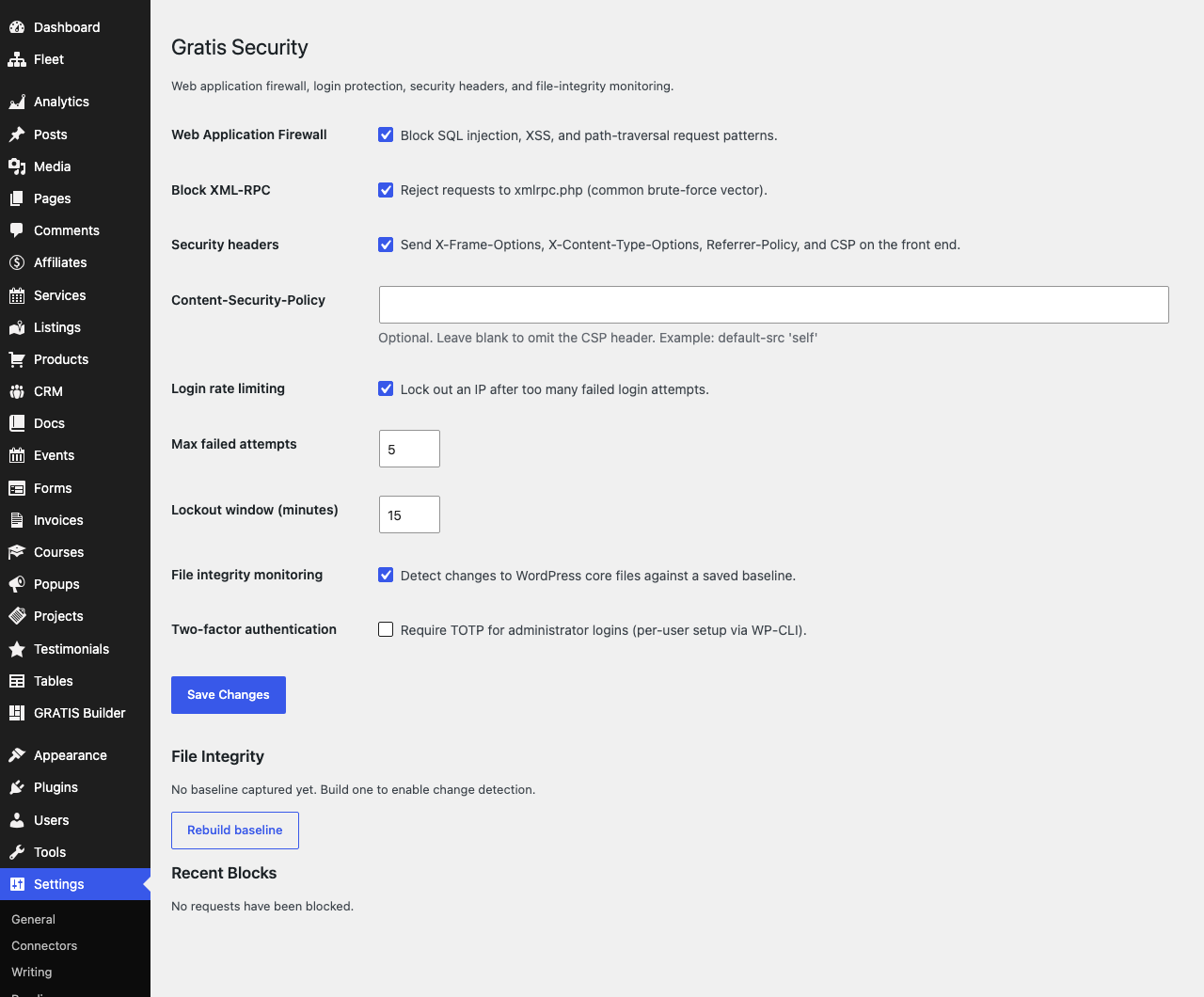 Gratis Security admin screen