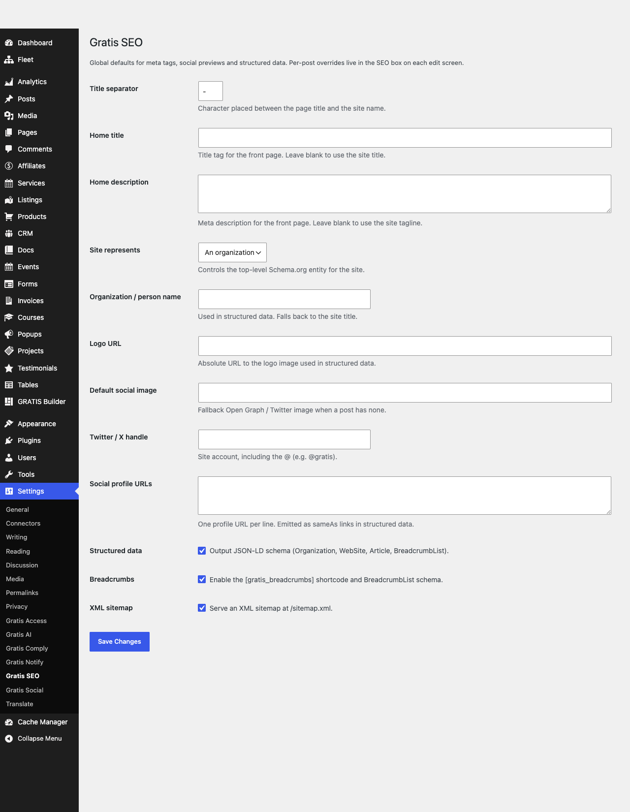 Gratis SEO settings screen under Settings then Gratis SEO