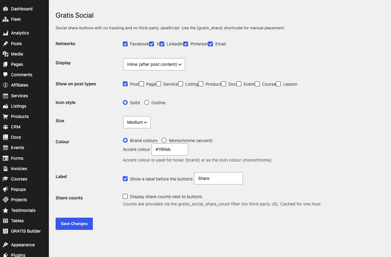 Gratis Social admin screen