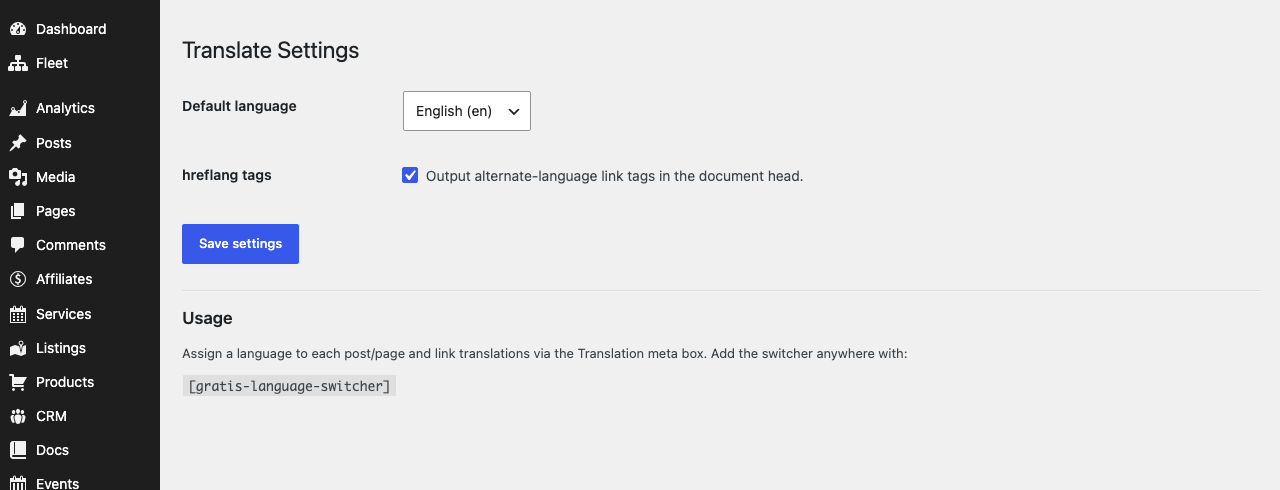 Gratis Translate admin screen
